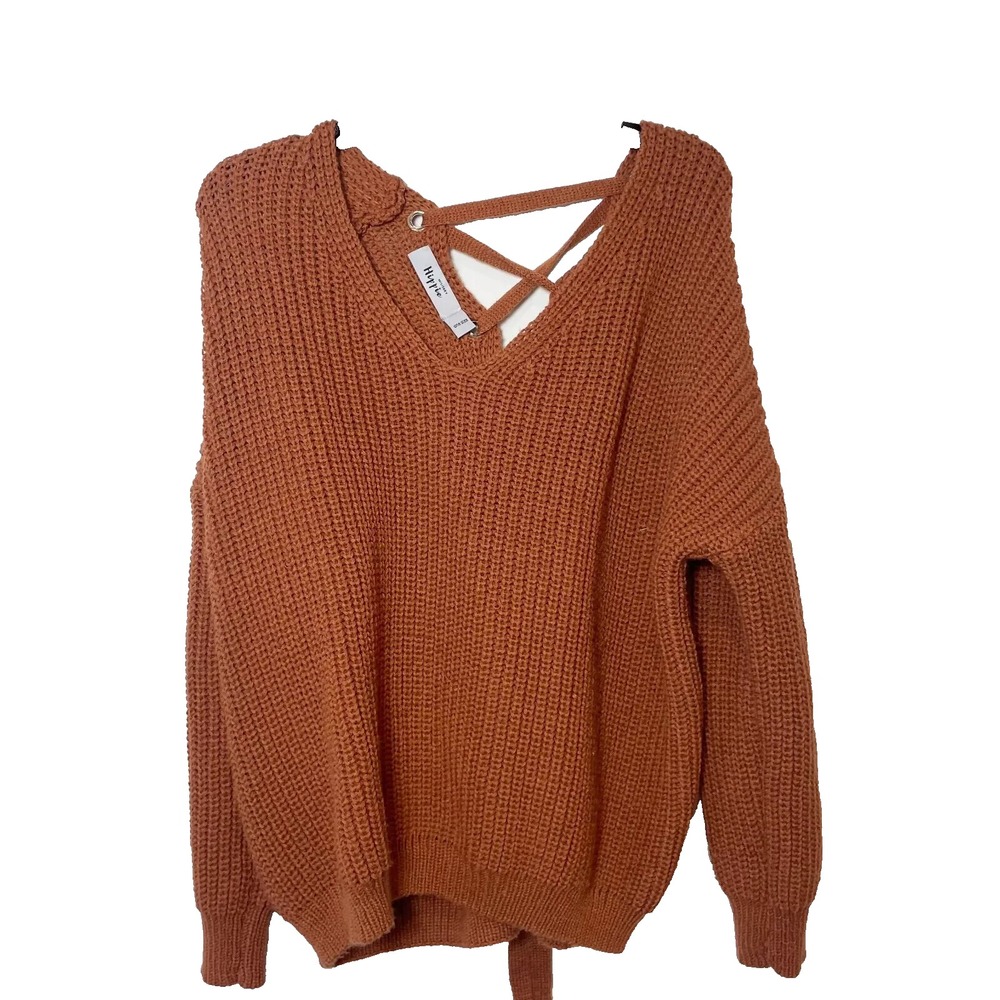 Hippie Military Long Sleeve Knitted Sweaters Womens One Size‎ Brown Drawstring